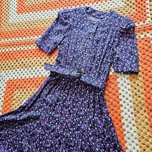 80s Whimsigoth Purple Ditsy Floral Tea Dress Matching Belt Handmade Vintage